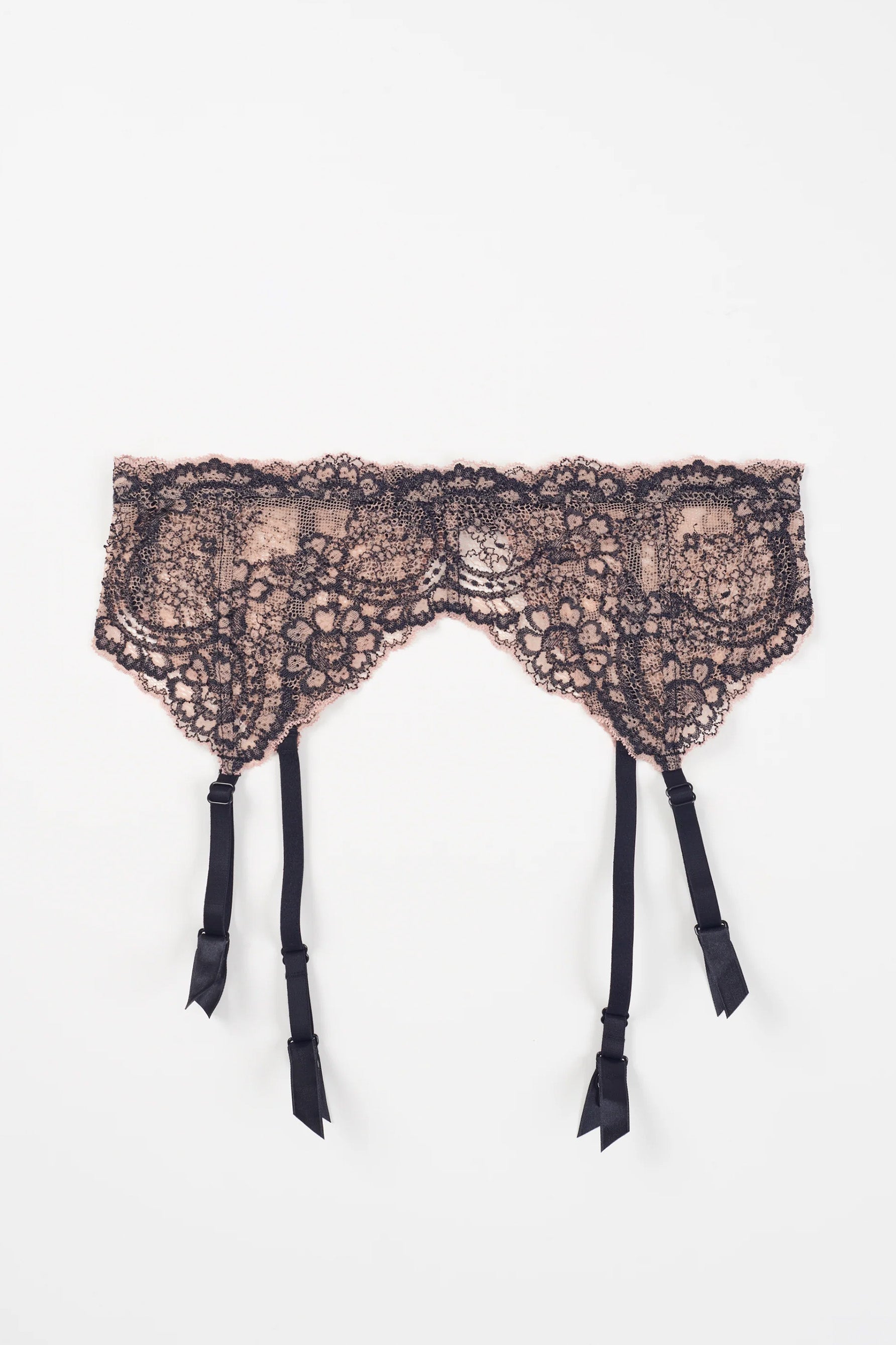 Else Farah lace garter belt shown flat on plain white background. Image shows the black and transparent beige scalloped edge garter belt with black adjustable elastic suspender straps.