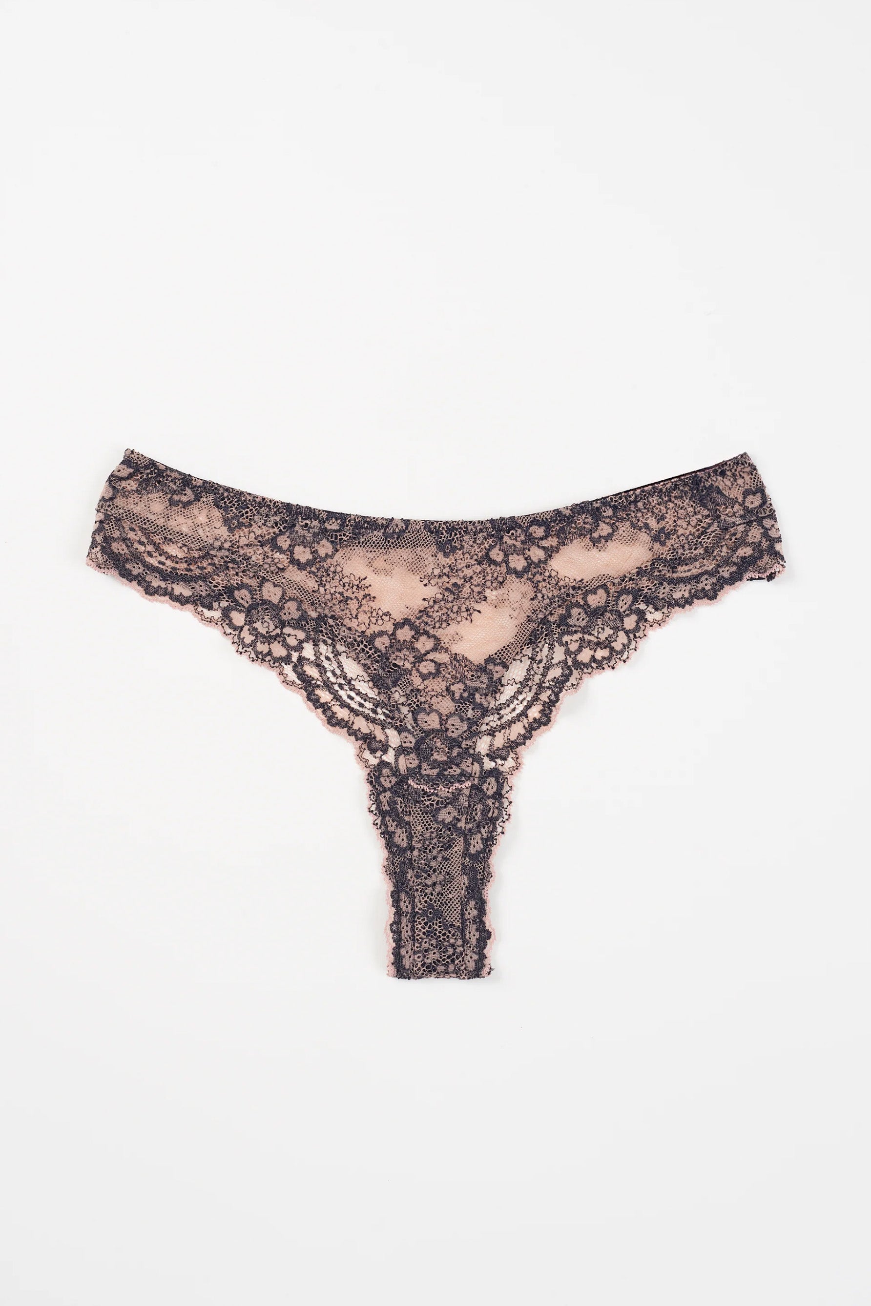 Else Farah Thong in beige and black lace. Front view shown flat on plain white background. 