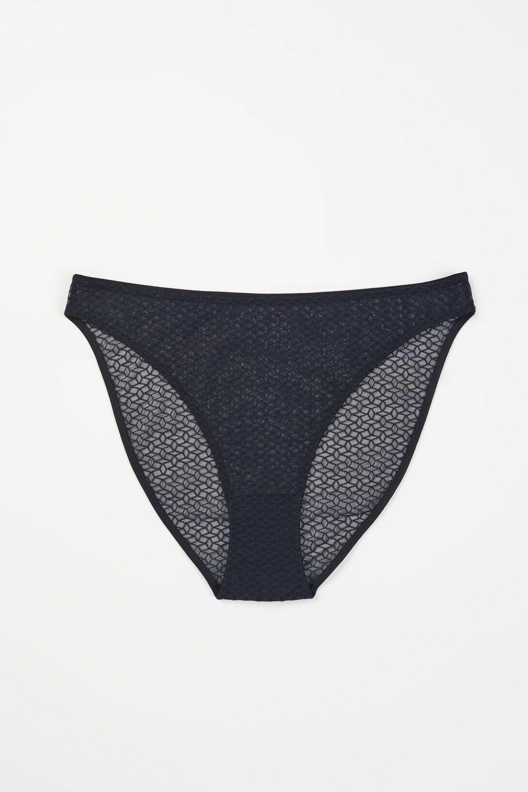 Else Kaleidoscope sheer black mesh bikini style brief with geometric pattern, high cut leg, mid rise waist. Front view shown flat on plain white background.