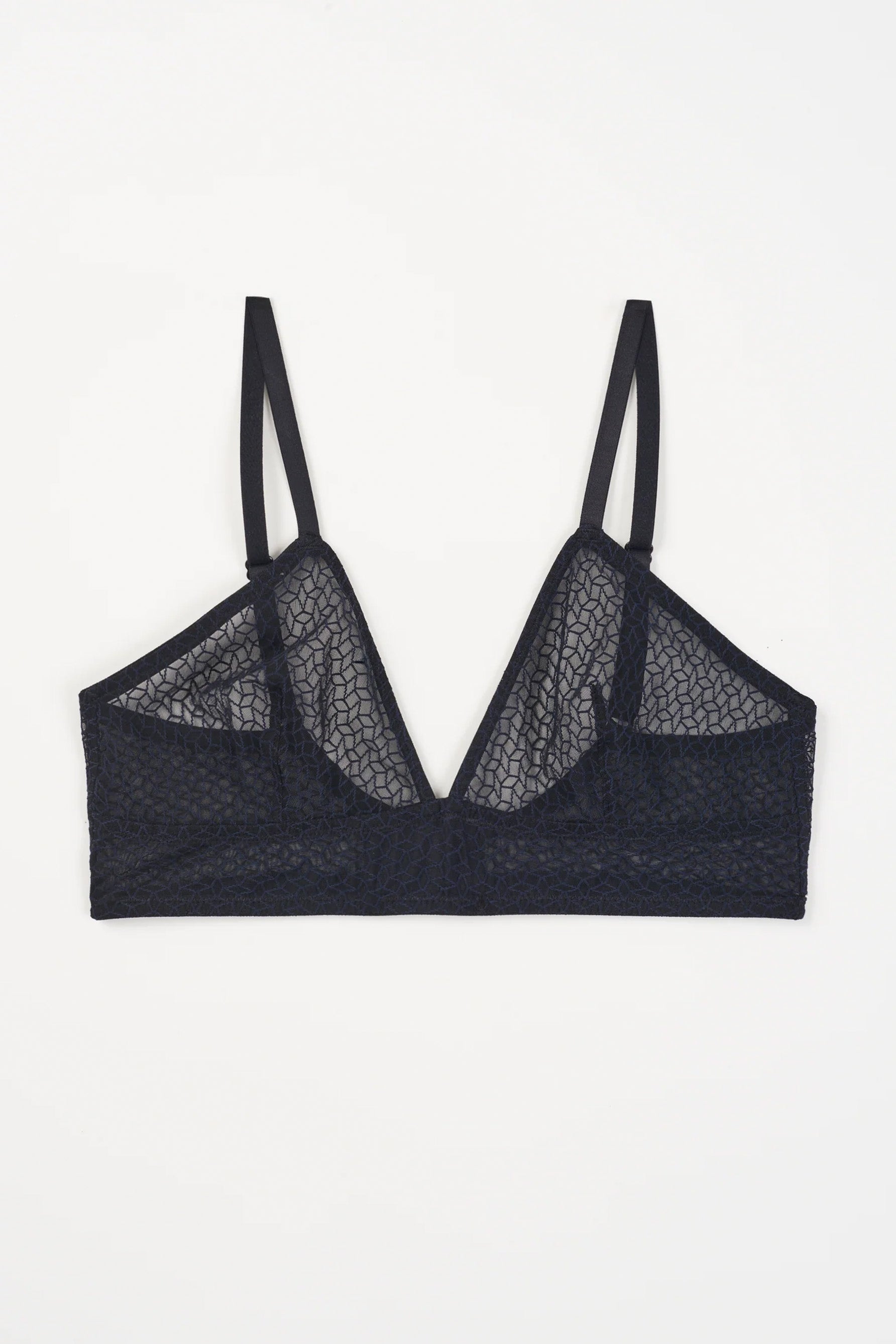 Else Kaleidoscope soft triangle bralette in sheer black geometric mesh. Shown flat on plain white background.