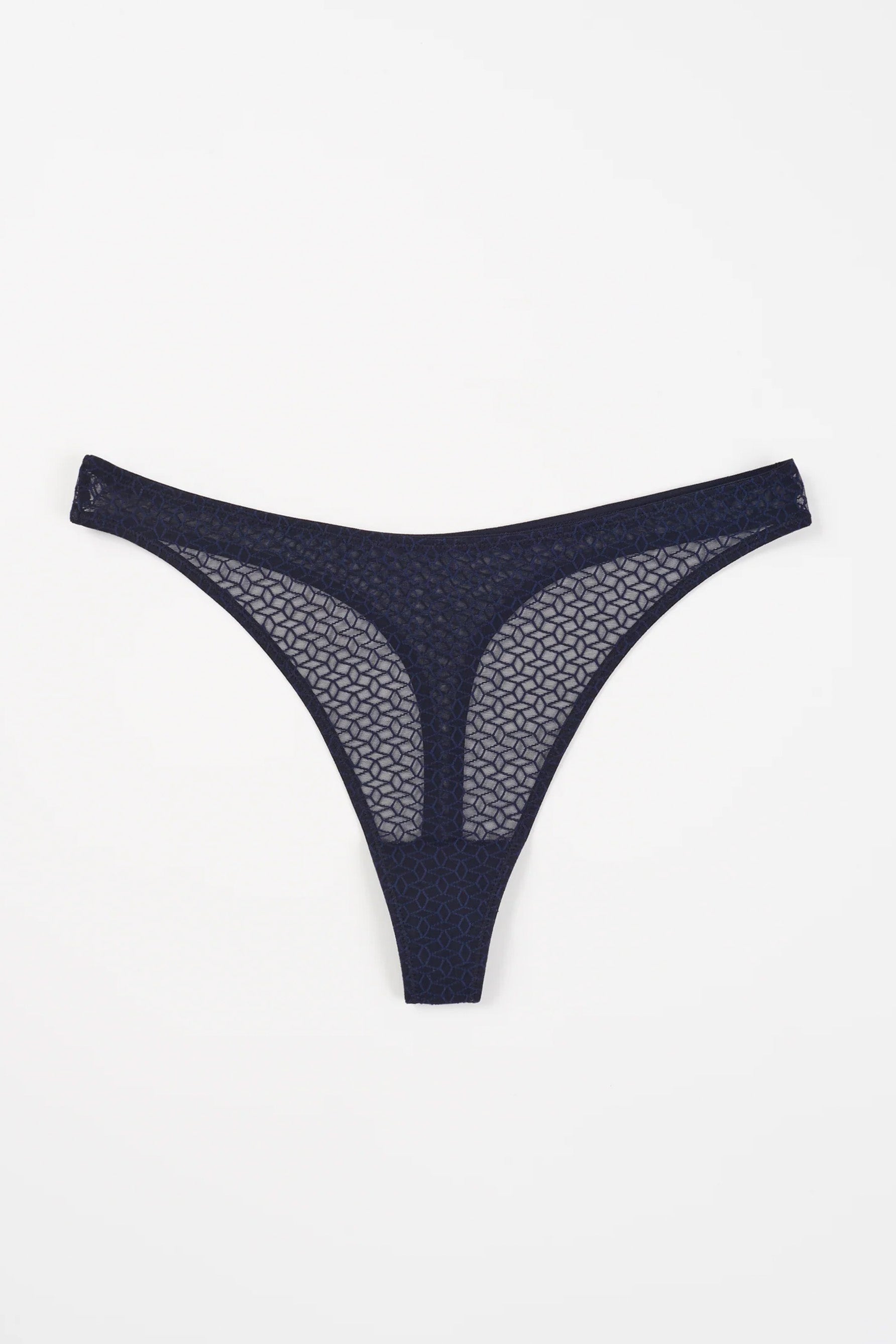 Else Kaleidoscope high leg/mid rise sheer black geometric mesh thong. Shown flat on plain white background.