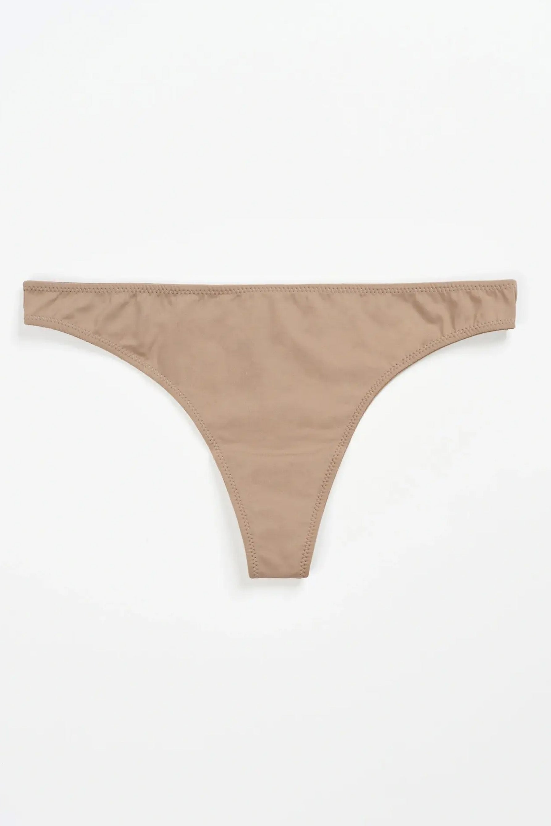 Else Nano Minimal mid rise thong in taupe beige microfiber, front view on plain white background. Image shows the opaque, mid rise design and minimalist style. 