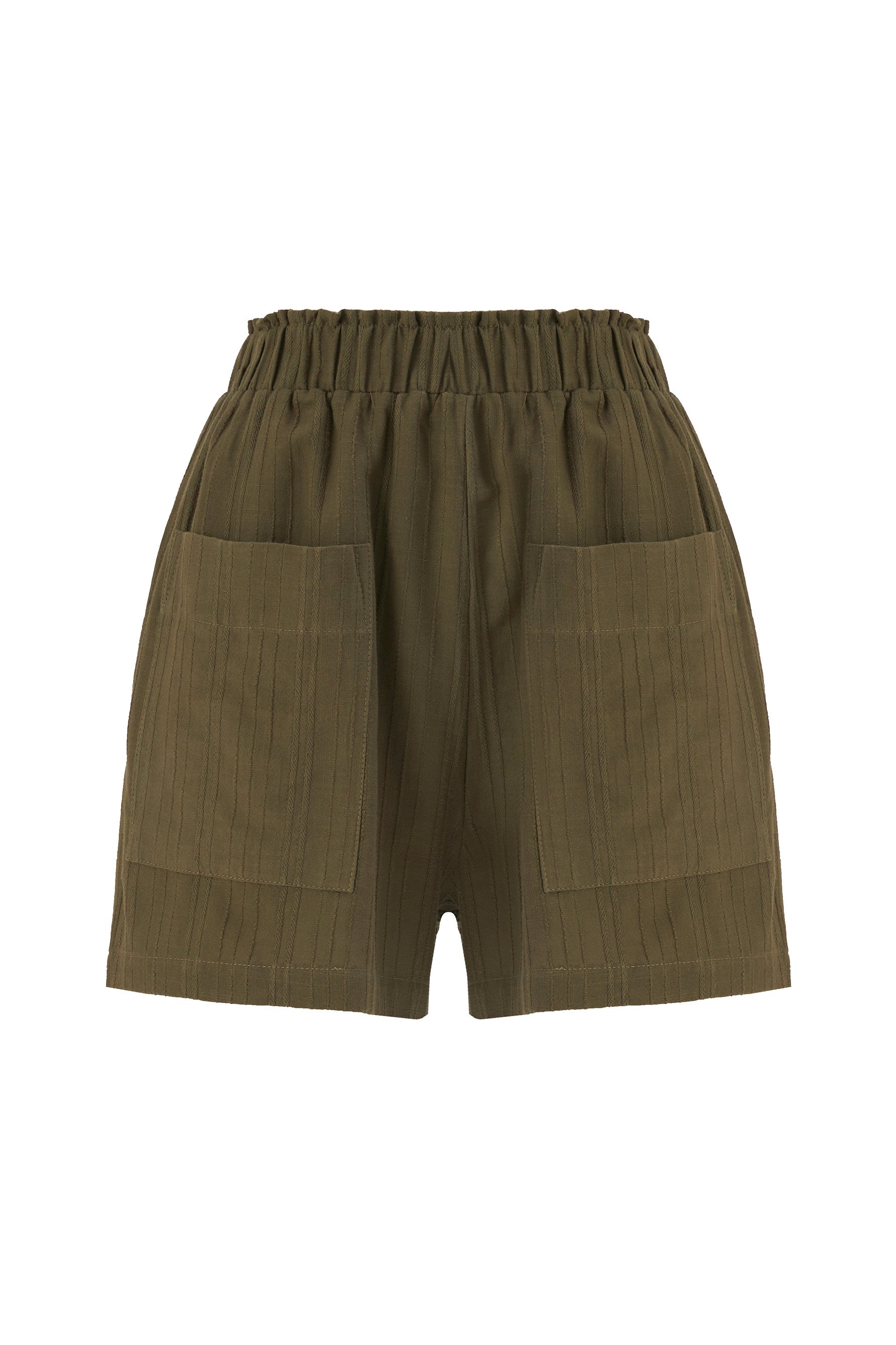 Else Ponza cotton lounge shorts in khaki green. The shorts are shown on on plain white background and feature a subtle stripe effect in the fabric, wide elastic waistband and front pockets. 