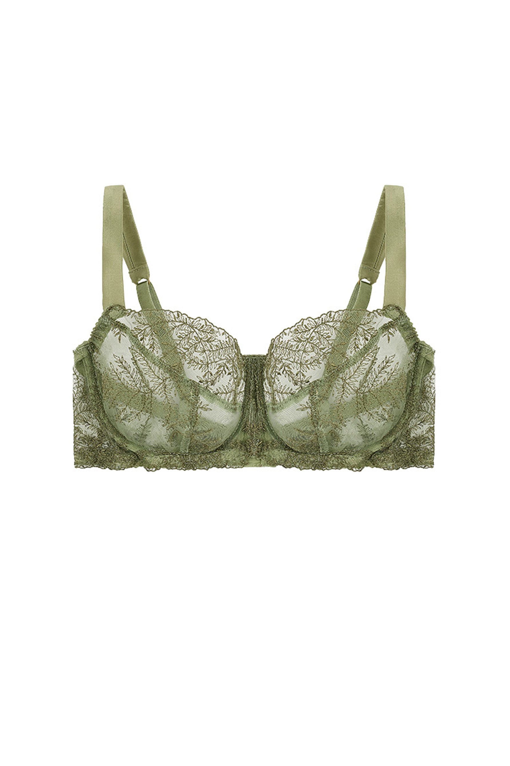 Fleur of England Arianna sage green silk & embroidered tulle balcony bra, front view.