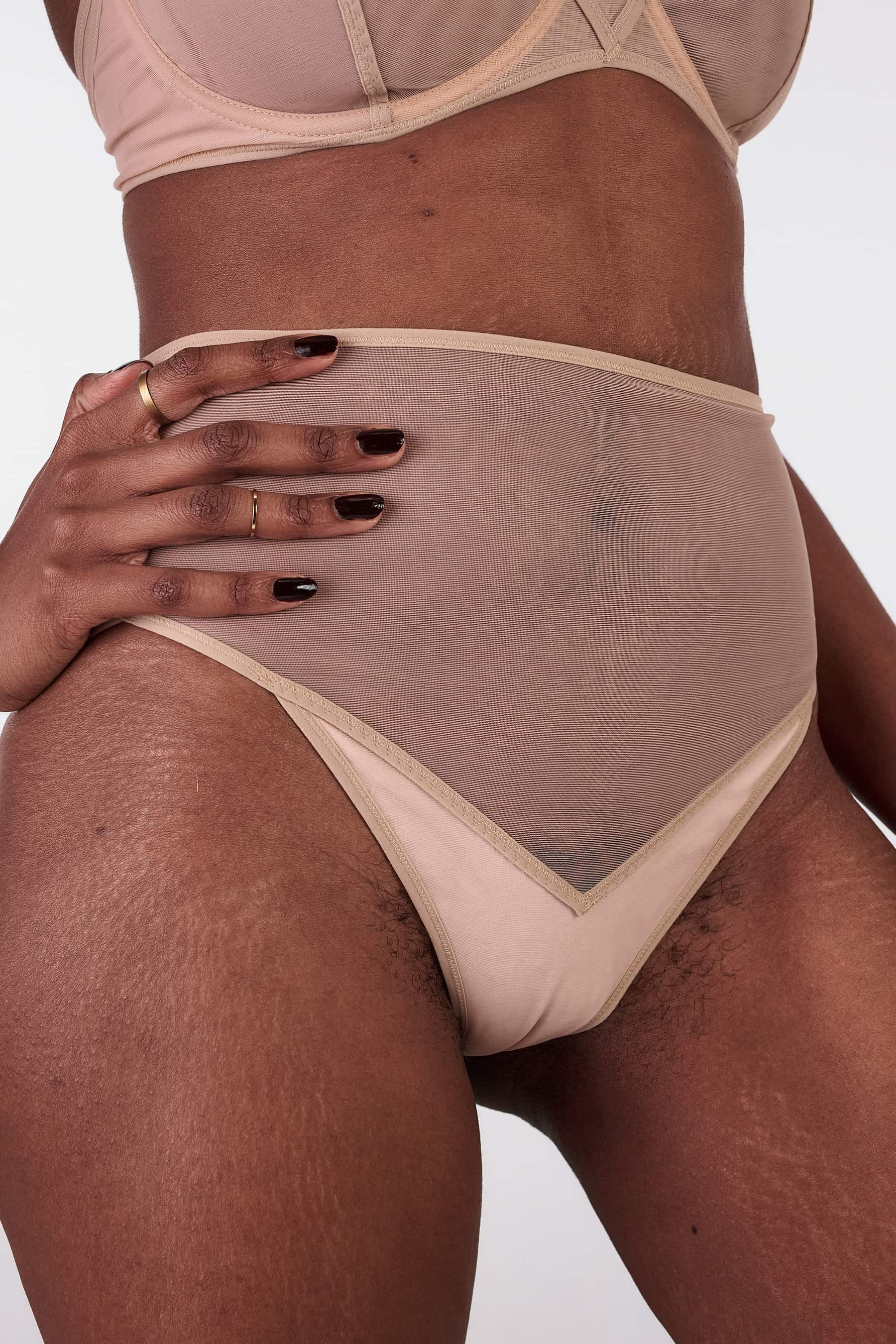 High Waist tulle underwear in beige/fumee color from La Fille d'o. Close-up front view on model.