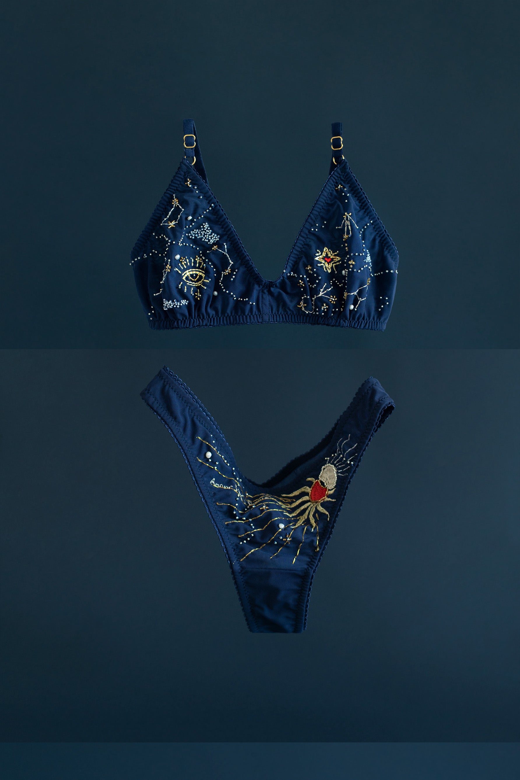 Eclipse Thong by Love & Swans. Dark blue mesh is embroidered and beaded with a sun and moon crossing paths, rays emitting from both and the latin words for "love conquers all." Shown flat with the matching Cygnus bralette.