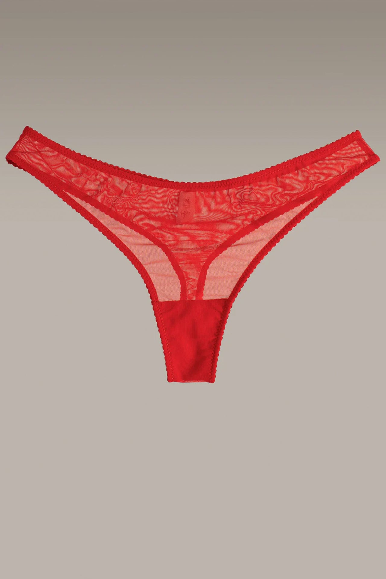 Love & Swans Easy Basic sheer mesh thong in deep red, back view shown on model in matching bralette.