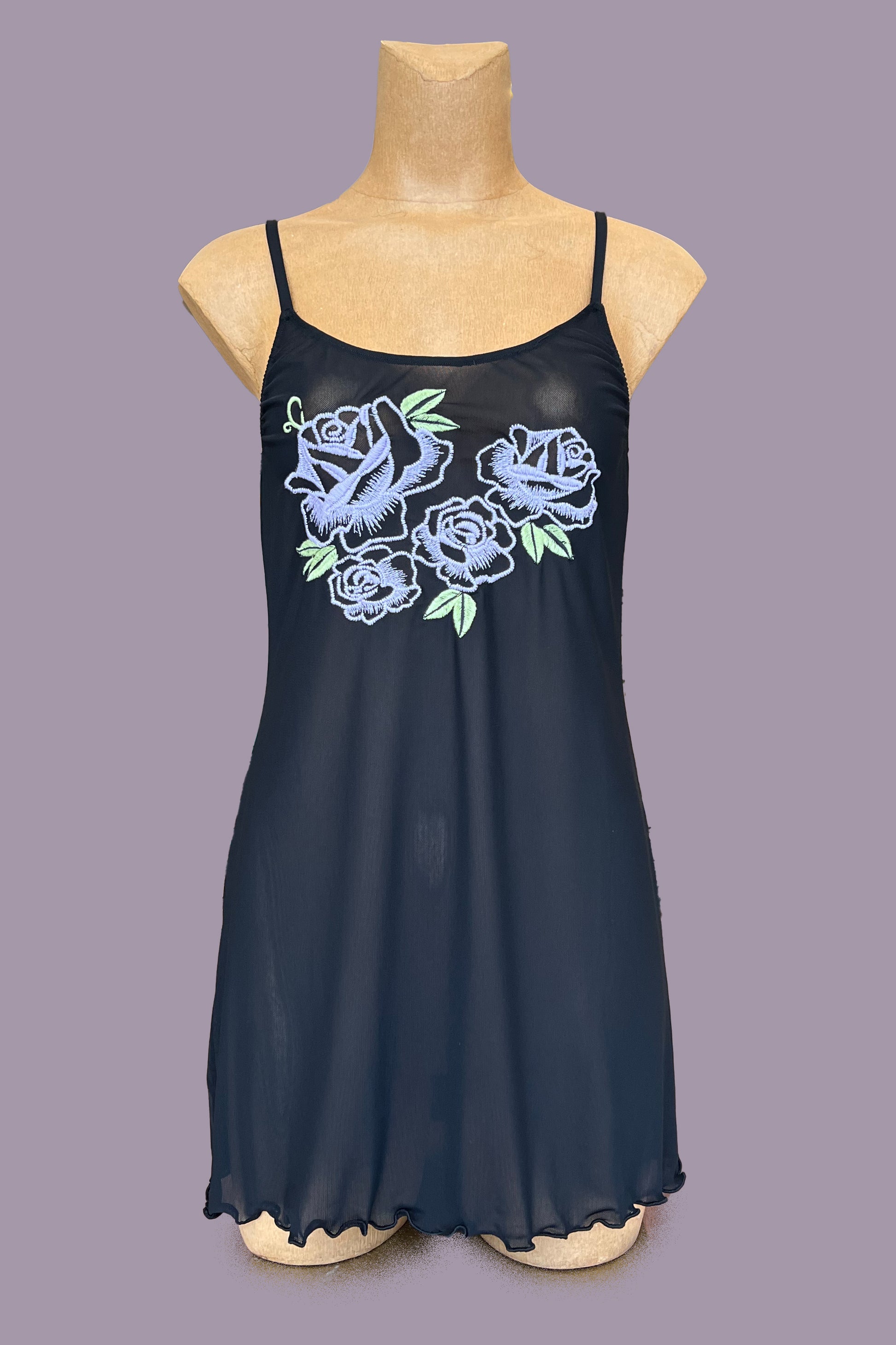 Only Hearts Aloha Honolulu Bouquet black mesh chemise with purple rose and green leaf embroidery and spaghetti straps front view on mannequin.