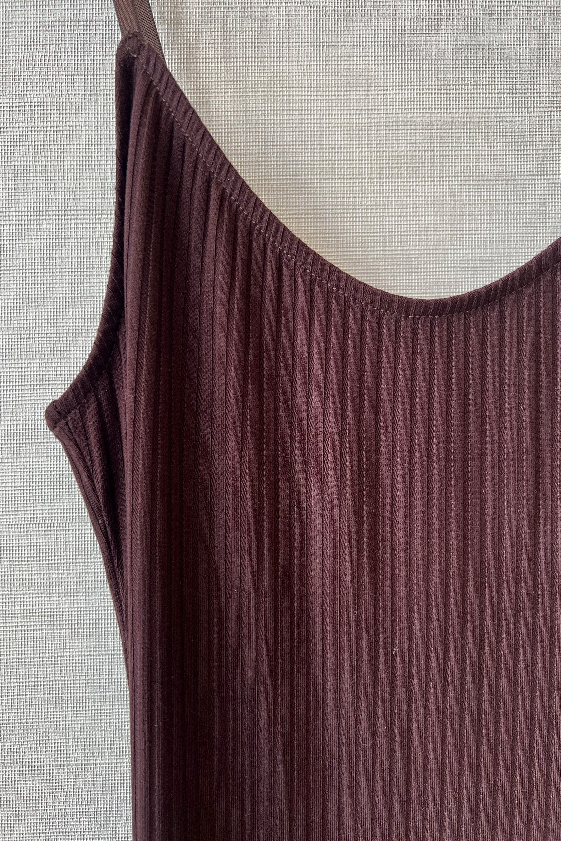 Close up of Only Hearts Eco Rib slip dress in dark brown caffeine, showing ribbed knit.