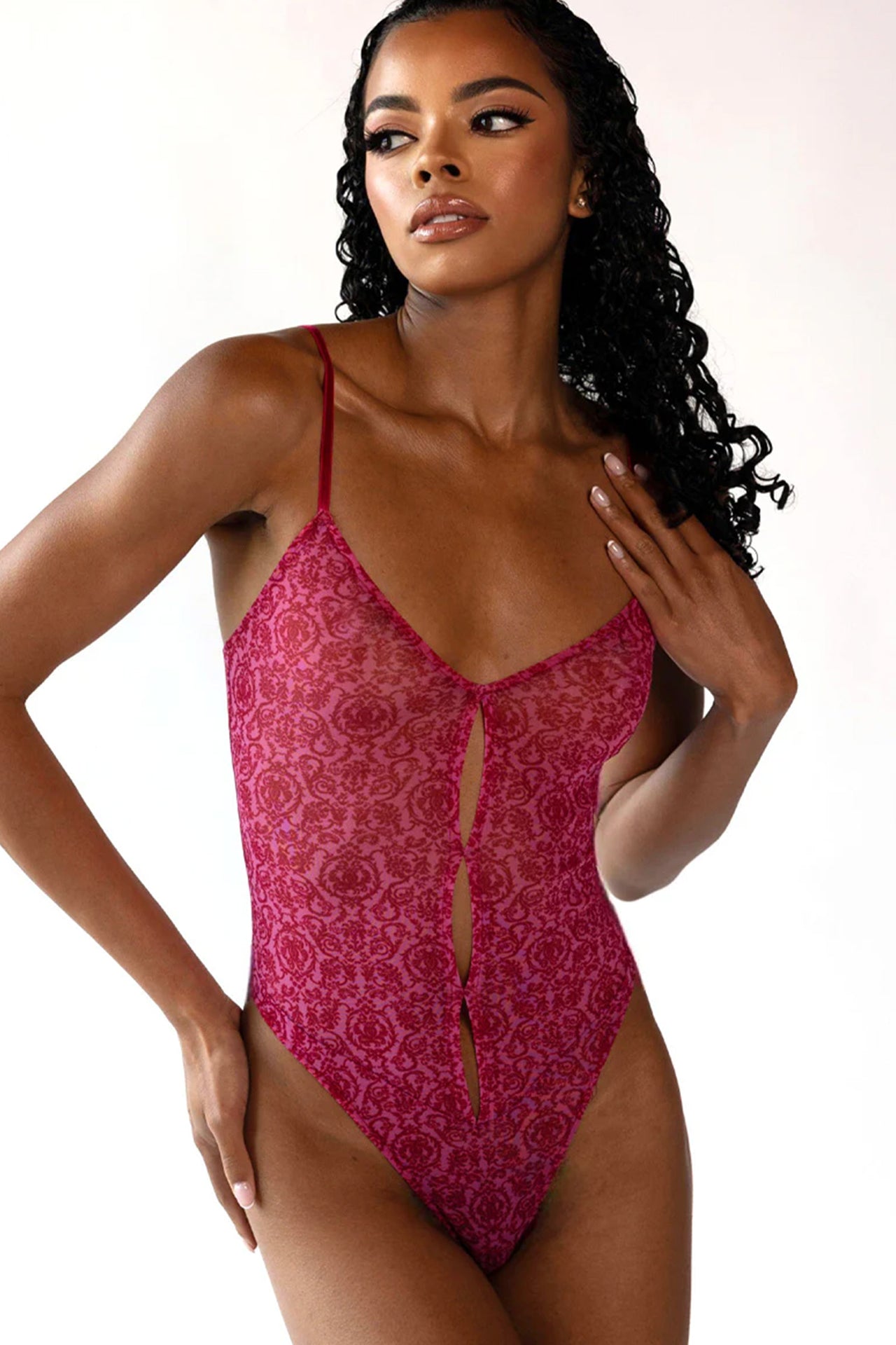 Only Hearts Message in a Bottle hot pink scroll print bodysuit with front cutouts, front view on model