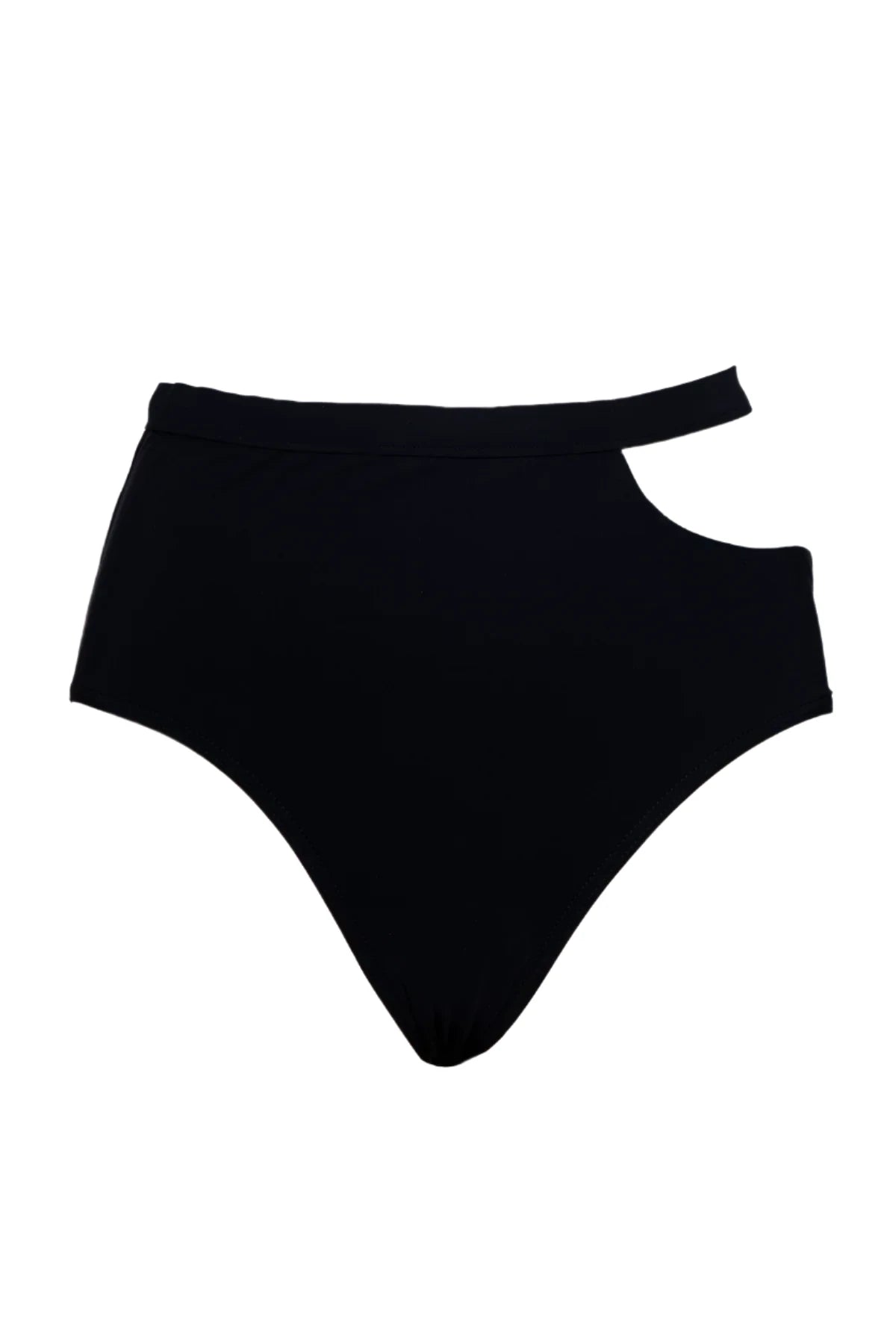 Marieyat Sade Swim Brief in black with hip cutout and high waist silhouette. Front view shown flat on white background. 