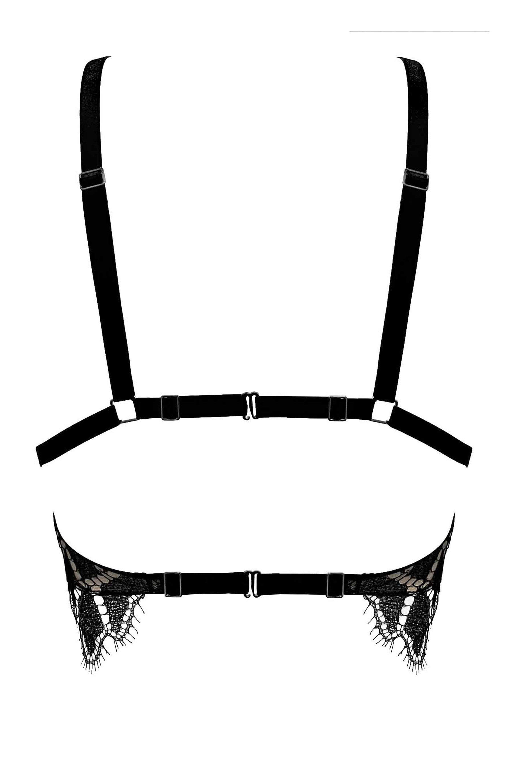 Paloma Casile Gilda longline bralette/camisole crop top, back view on plain white background. Imabe shows the adjustable black elastic shoulder straps with silver sliders, meedting the upper adjustable underband. Lower underband is also adjustable and attached to the lace part below the cups. Both bands have silver swan hook closures. 