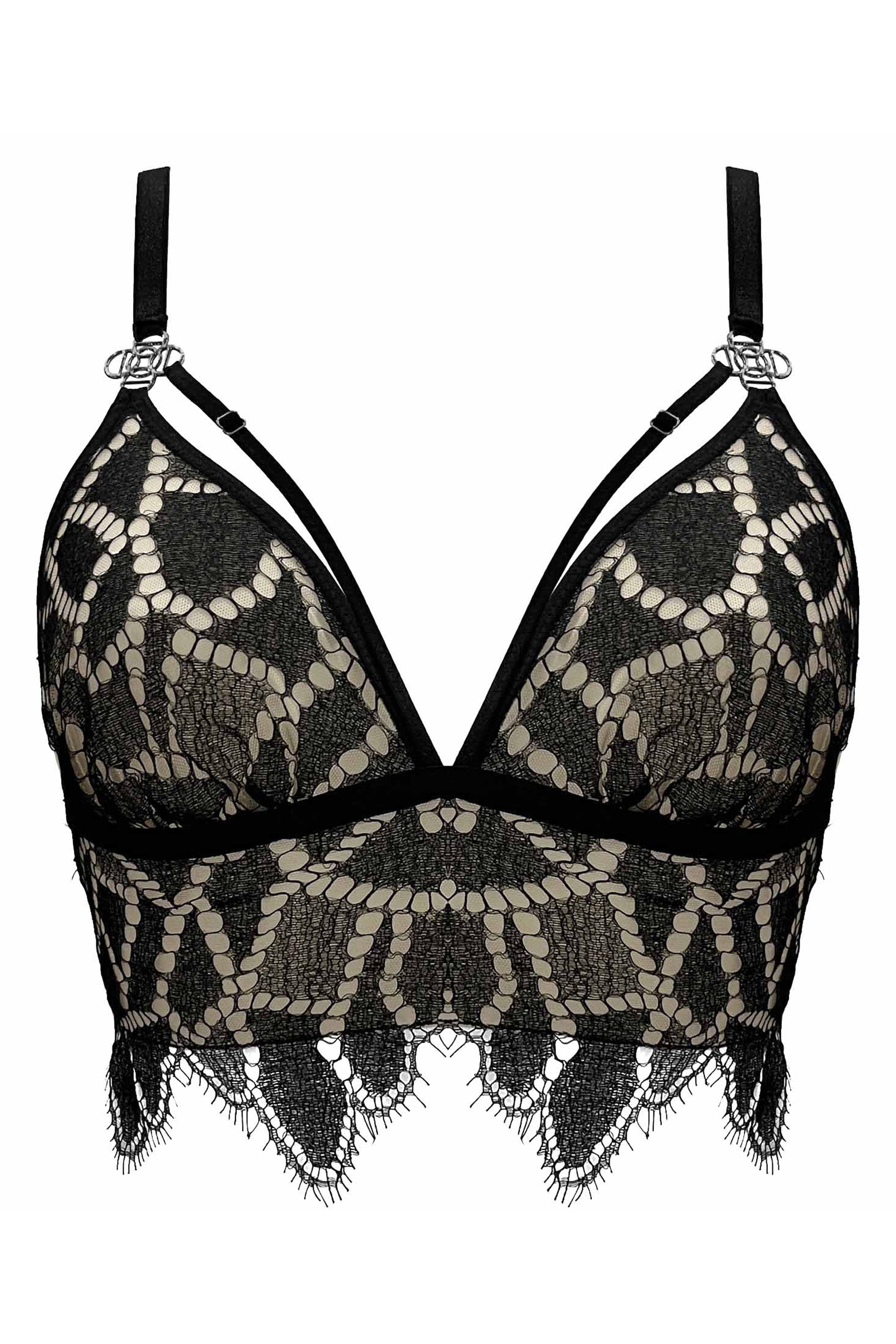 Paloma Casile Gilda triangle camisole/bralette in black mosaic style lace, front view on plain white background. Image shows triangle cups with adjustable bust straps, attached to silver clover shaped hardware. Longline/cropped camisole style silhouette features a scalloped eyelash lace hemline. 