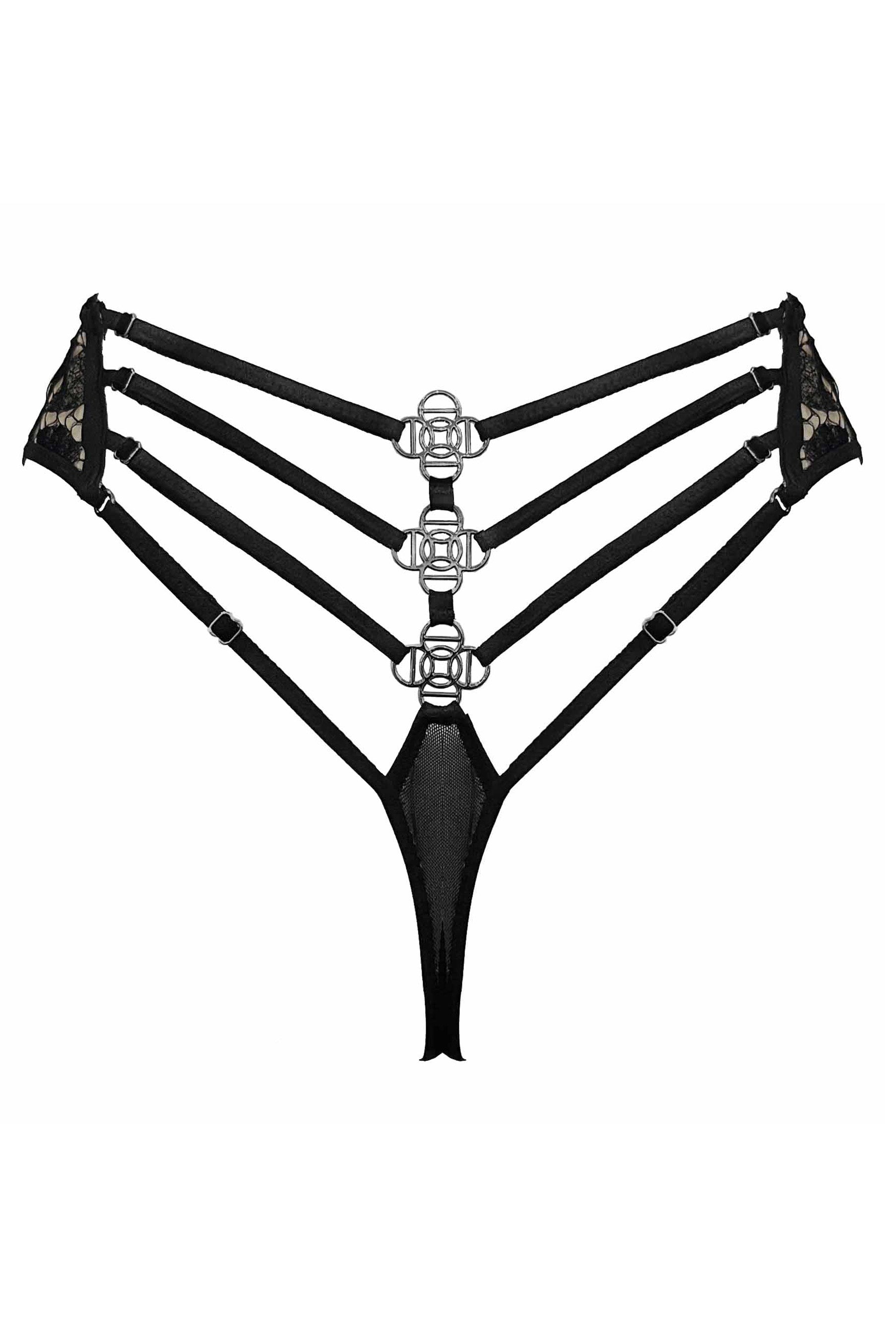 Paloma Casile Gilda Parisian high waist thong, back view on white background. Four thin black elastic adjustable straps across the back on each side in a v-shape. Three clover shaped, silver toned hardware pieces attach the narrow back straps. Thong gusset meets the hardware and bottom straps in a diamond shape. 