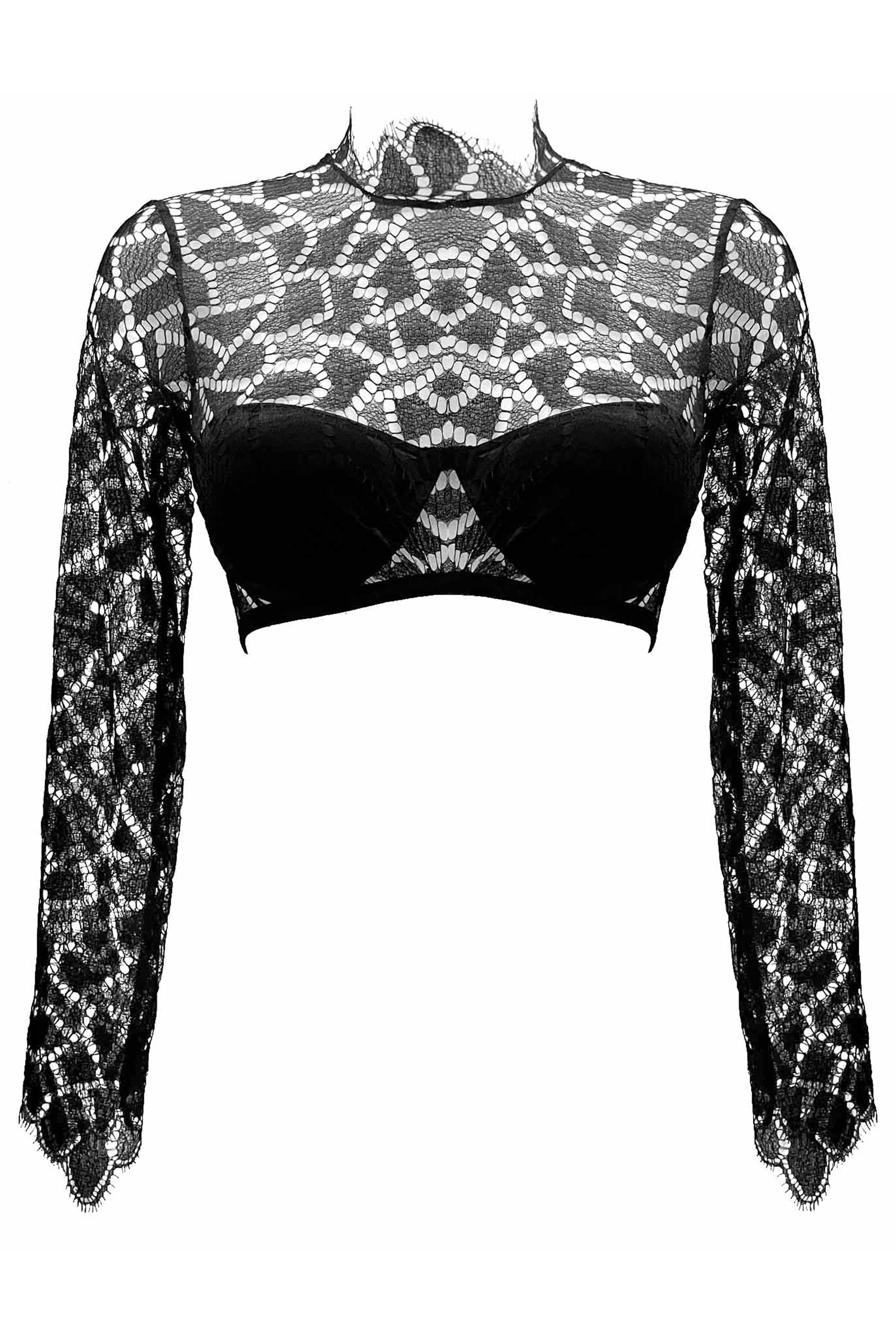 Paloma Casile Gilda mosaic style lace long sleeve mock neck crop top, front view on plain white background. Image shows the sheer lace overlaid on opaque strapless bra cups which are attached. Eyelash edge lace neck and bell sleeve detail. Crops under bust line like a bra. 