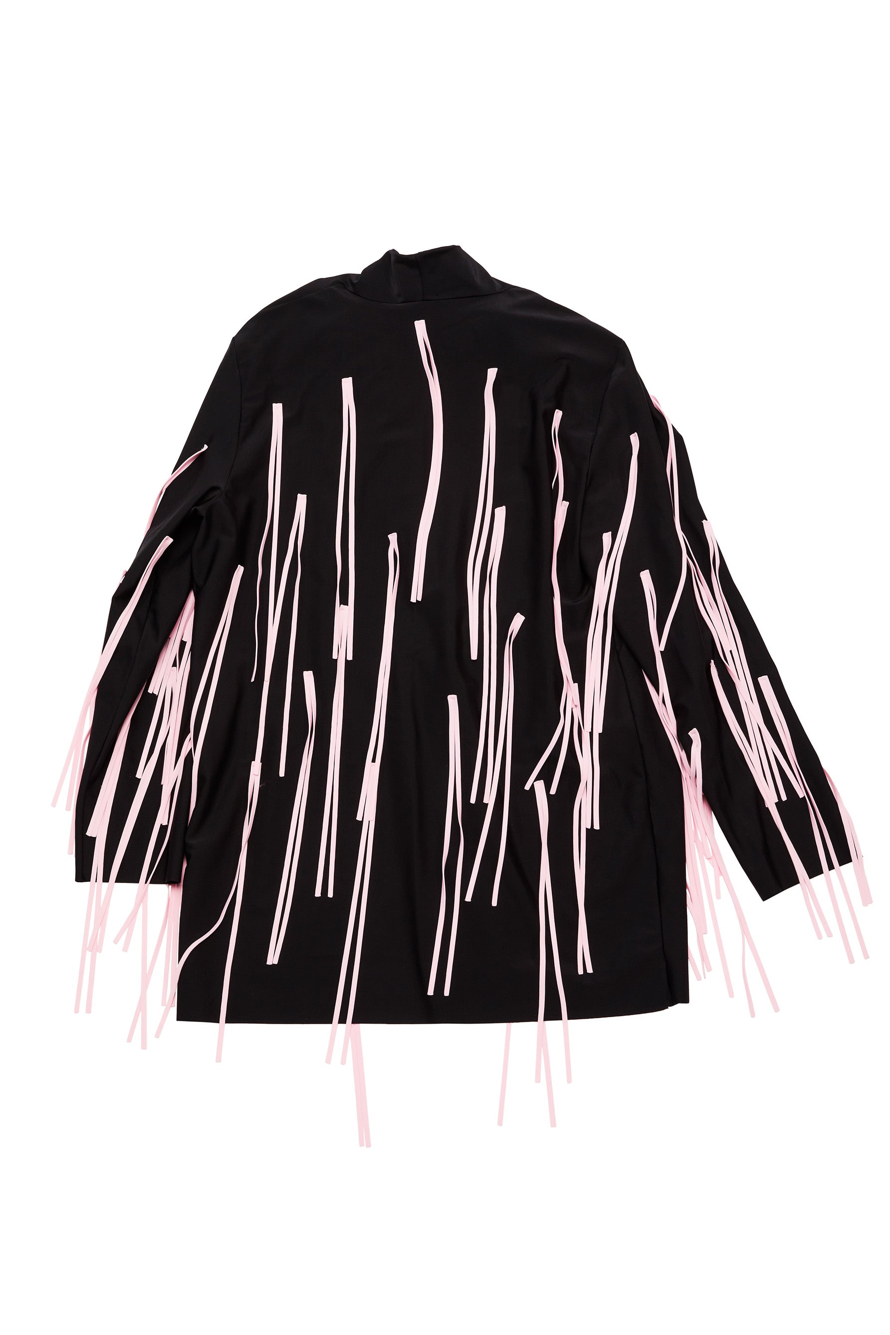 Ruban Noir black and pink fringe jacket, back view shown flat on white background. Shawl collar, long sleeve black jersey main fabric with light pink long fringes throughout. 