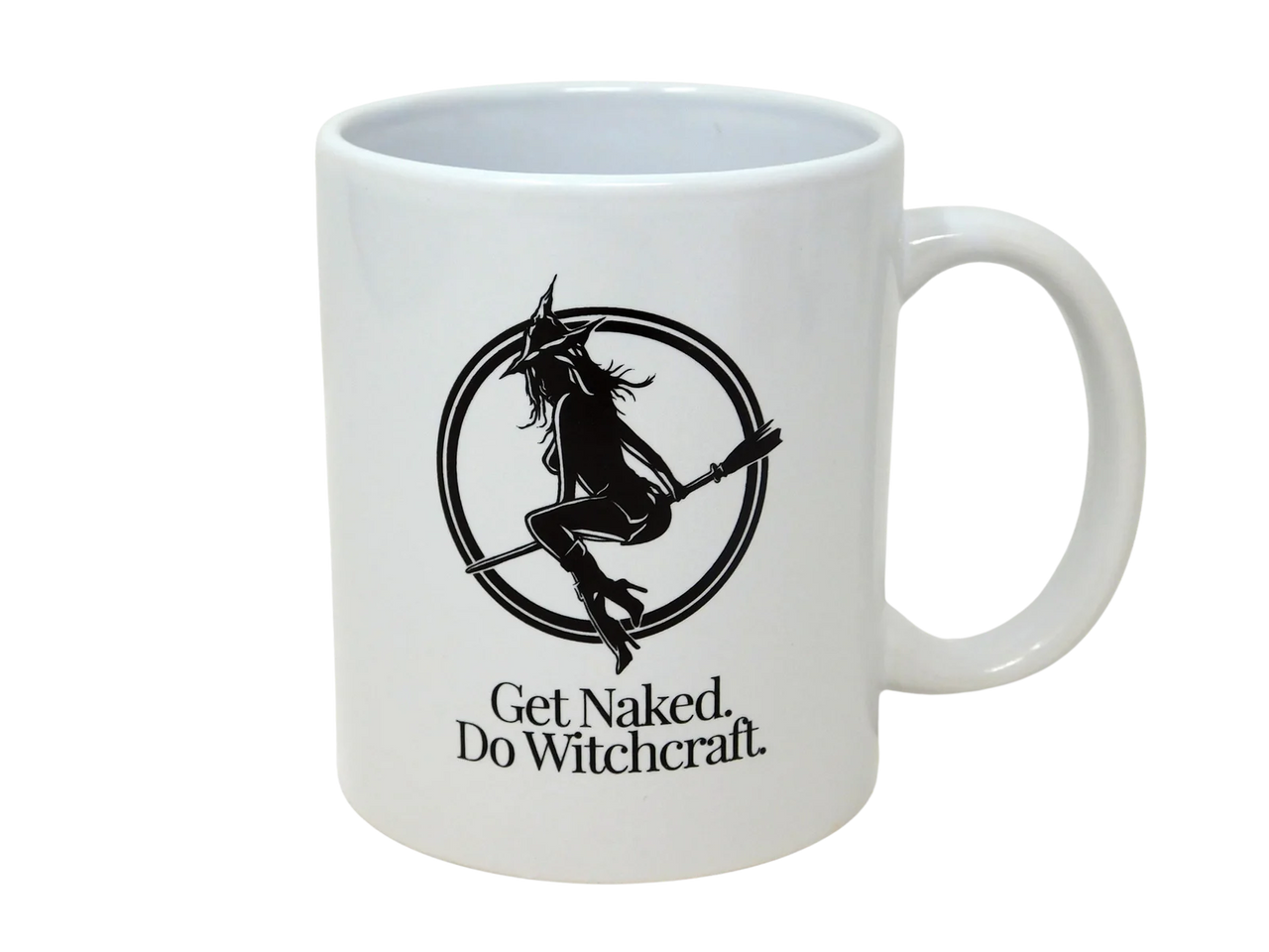 White ceramic mug with witch on broomstick in an open circle, with the phrase "get naked. do witchcraft" in serif font below.