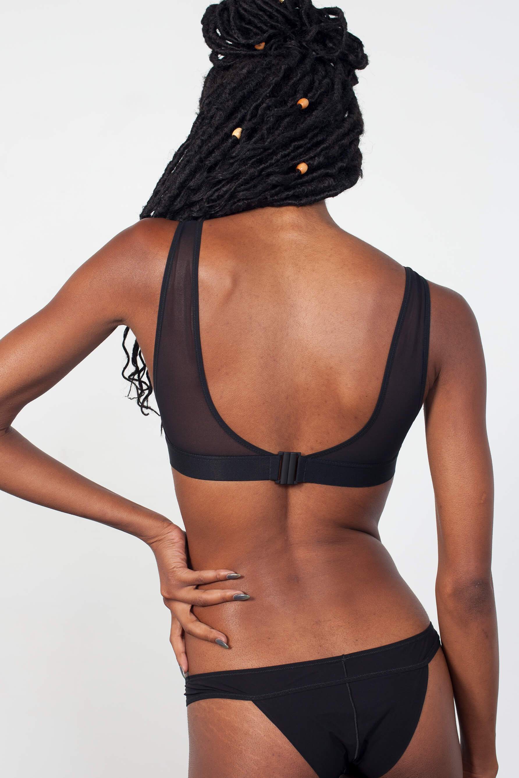 La Fille d'O Real Cool/Ramble On bralette in black, shown on model, back view