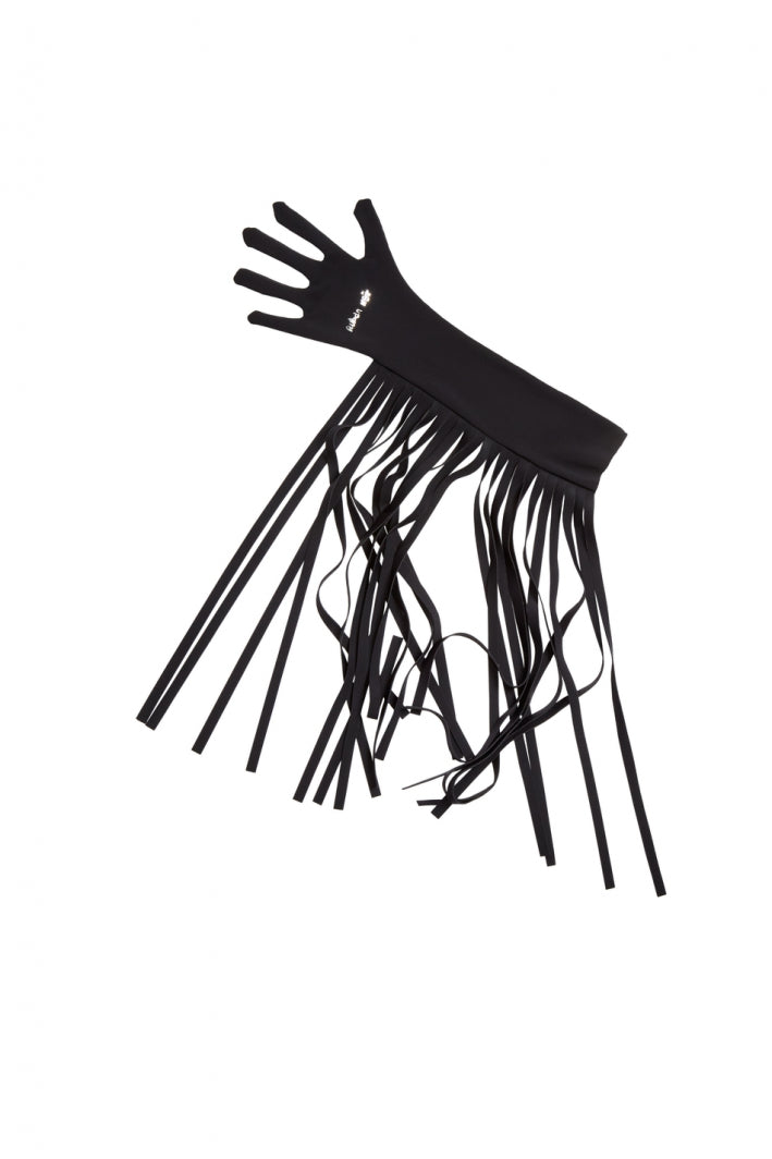 Ruban Noir black elbow gloves with long fringe. Shown flat on white background.