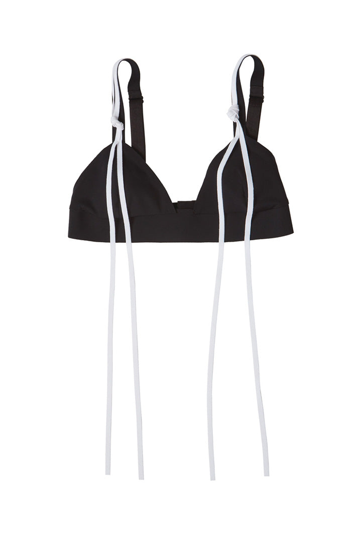 Ruban Noir triangle bralette/swim top with white fringe on front/shoulders. Shown flat on plain white background. 